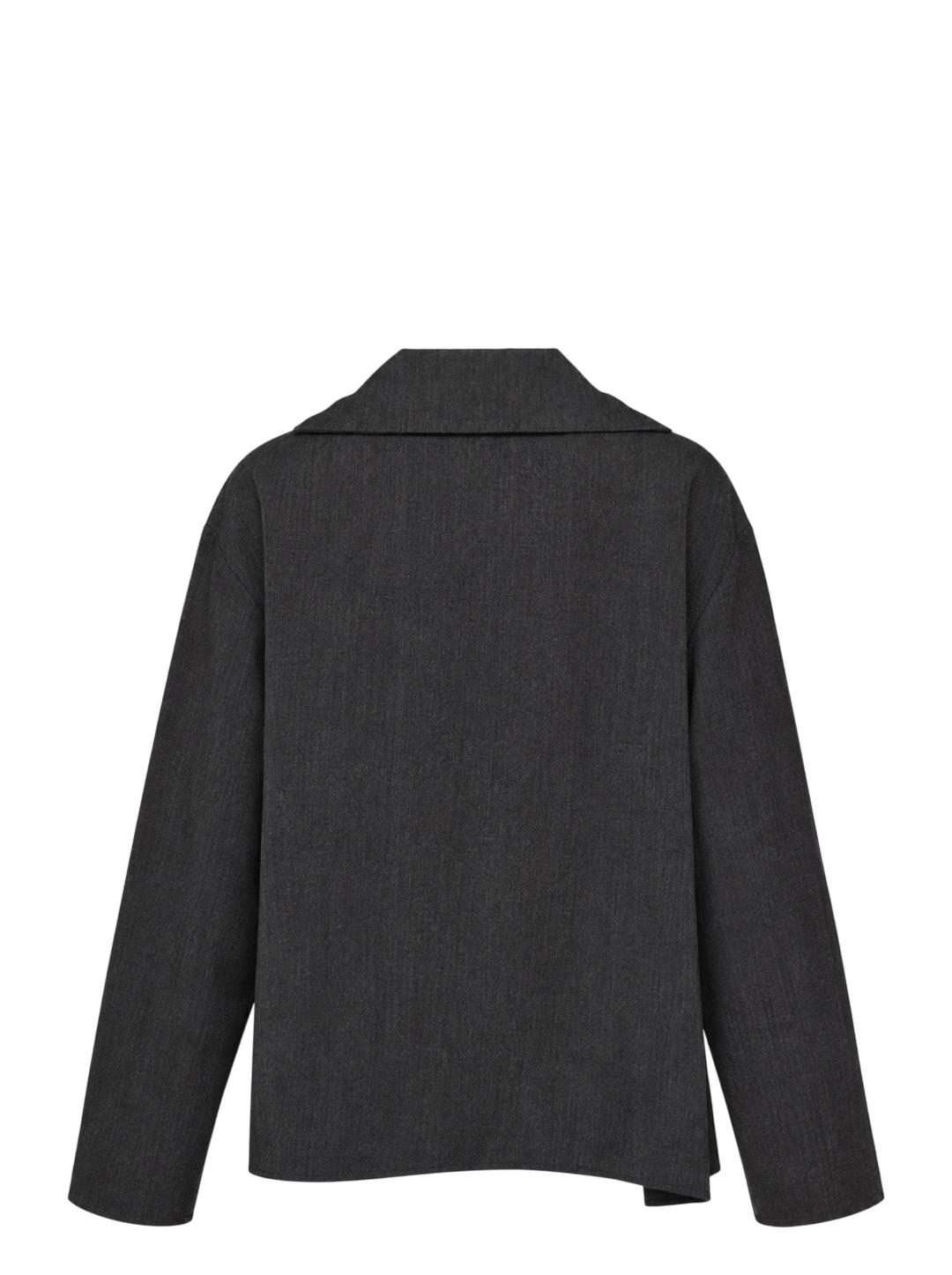 Y's charcoal grey draped asymmetric blouson with cascading ruffle front, notched collar and uneven hem - view 2
