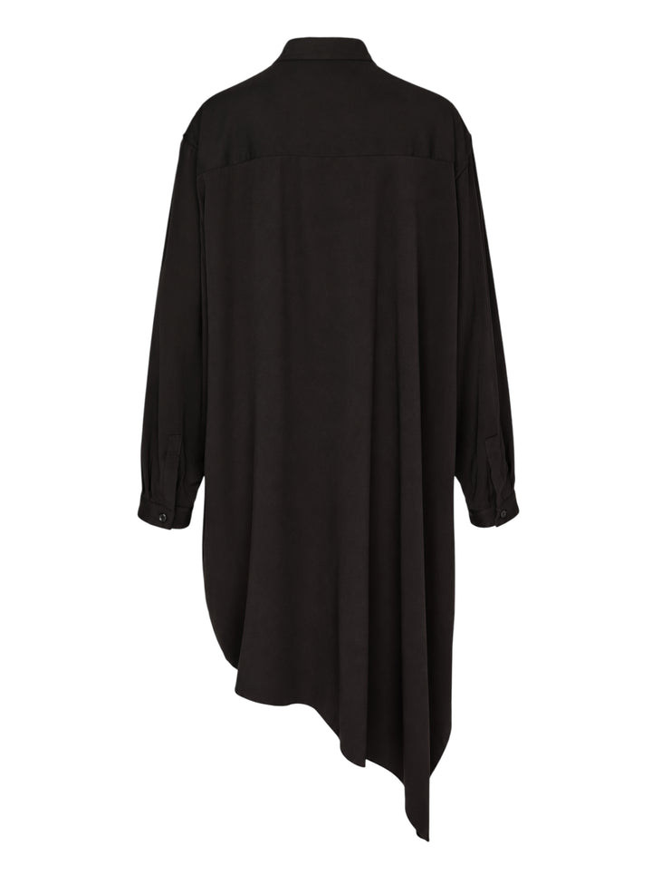 Y's black long-sleeve shirt dress with stand collar, button-through front, patch pocket and asymmetric draped hem - view 2