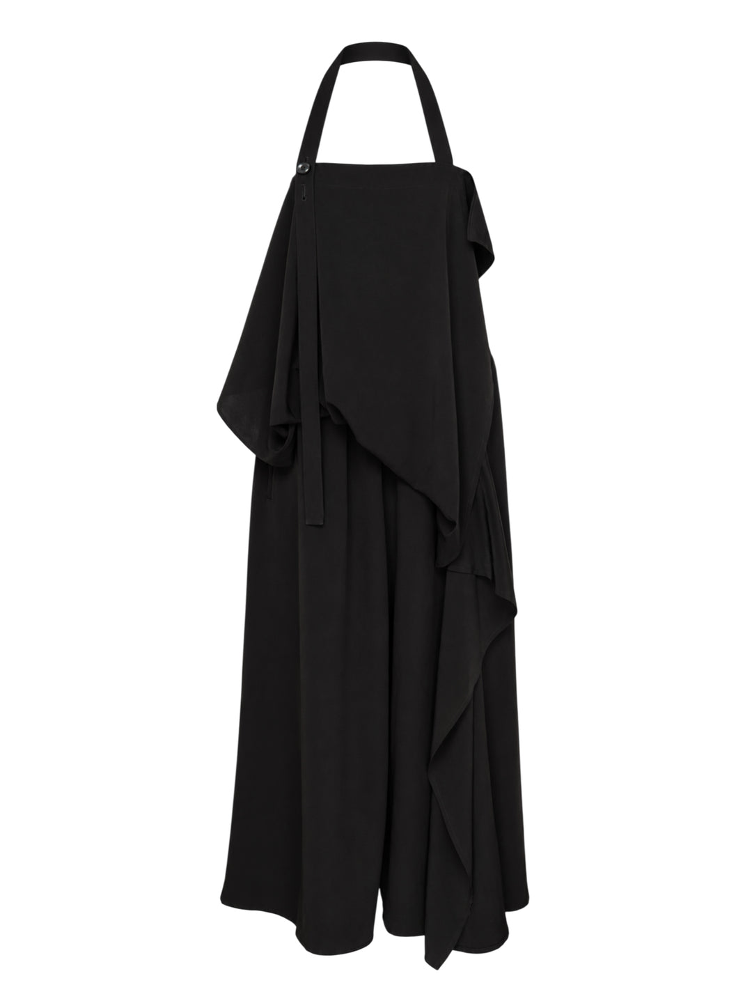 Y's black halter apron jumpsuit with an asymmetric draped bib and wide-leg silhouette, shown from the front