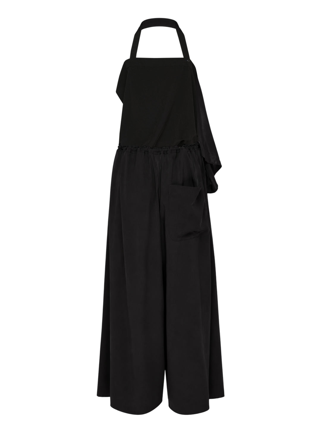 Y's black halter apron jumpsuit with an asymmetric draped bib and wide-leg silhouette, shown from the front - view 2