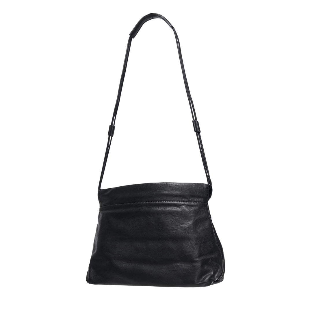 Y's black crinkled leather shoulder bag with arched silver-tone kiss-lock clasp pocket and adjustable slim leather strap, shown against a white background - view 2