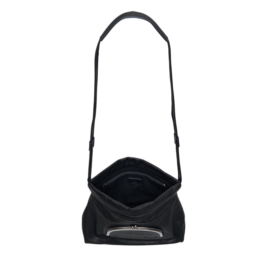Y's black crinkled leather shoulder bag with arched silver-tone kiss-lock clasp pocket and adjustable slim leather strap, shown against a white background - view 3
