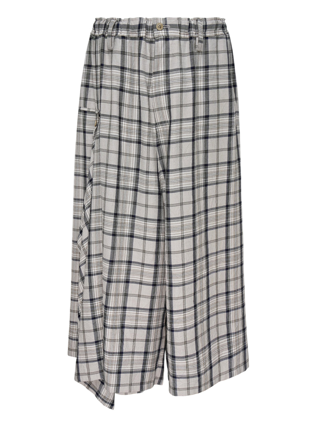 Y's gathered wide-leg pants in a grey, navy and white plaid with an elasticated waist and draped side panel