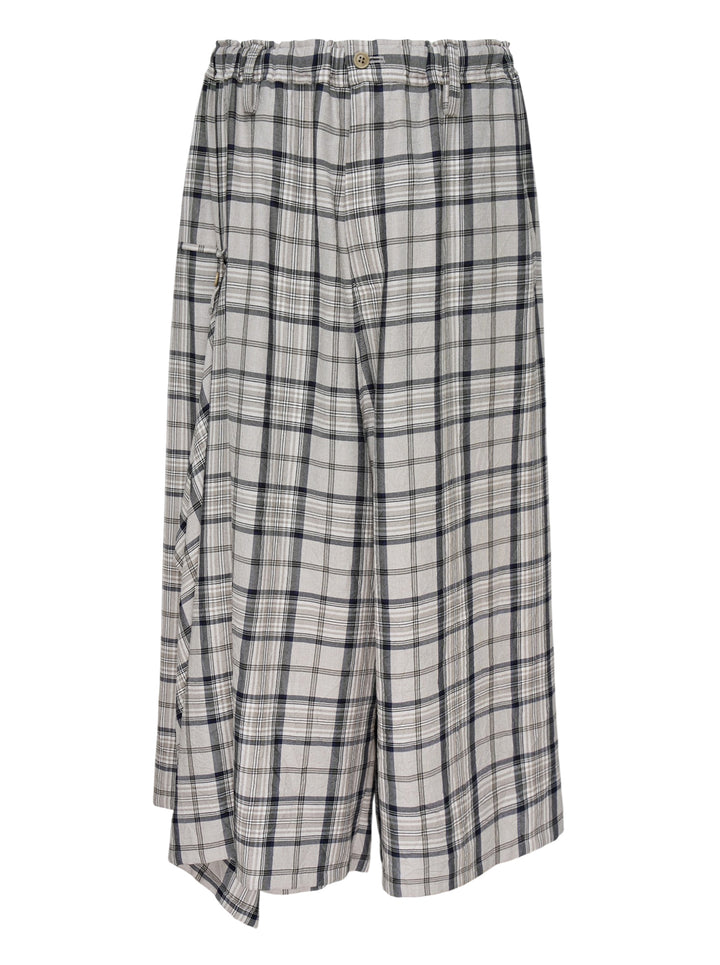 Y's gathered wide-leg pants in a grey, navy and white plaid with an elasticated waist and draped side panel