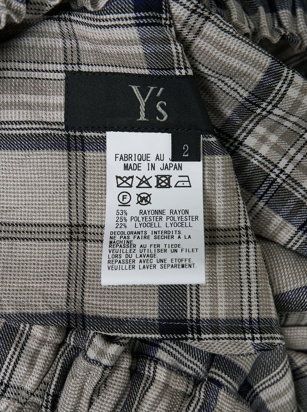 Y's gathered wide-leg pants in a grey, navy and white plaid with an elasticated waist and draped side panel - view 4