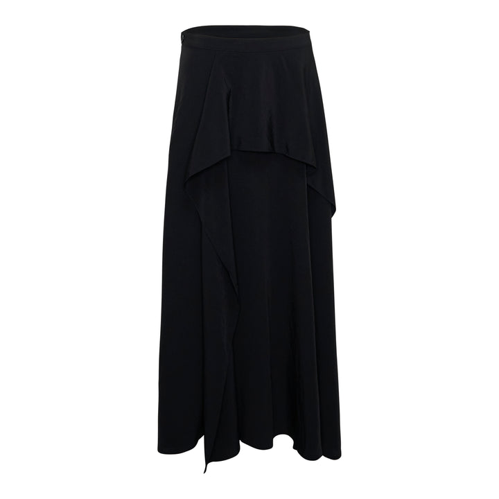 Y's black asymmetric drape midi skirt with layered ruffle overlay, panelled construction, and a sweeping flared hem, photographed flat on a white background