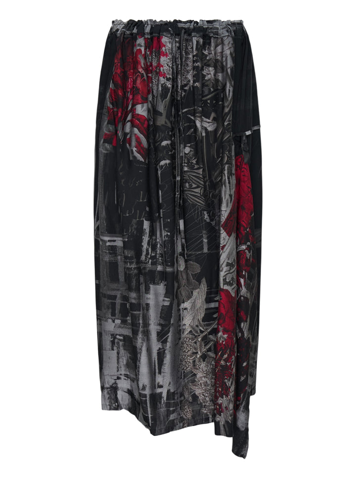 Y's gathered midi skirt with an abstract black, grey and crimson floral print, drawstring waist and asymmetric hem