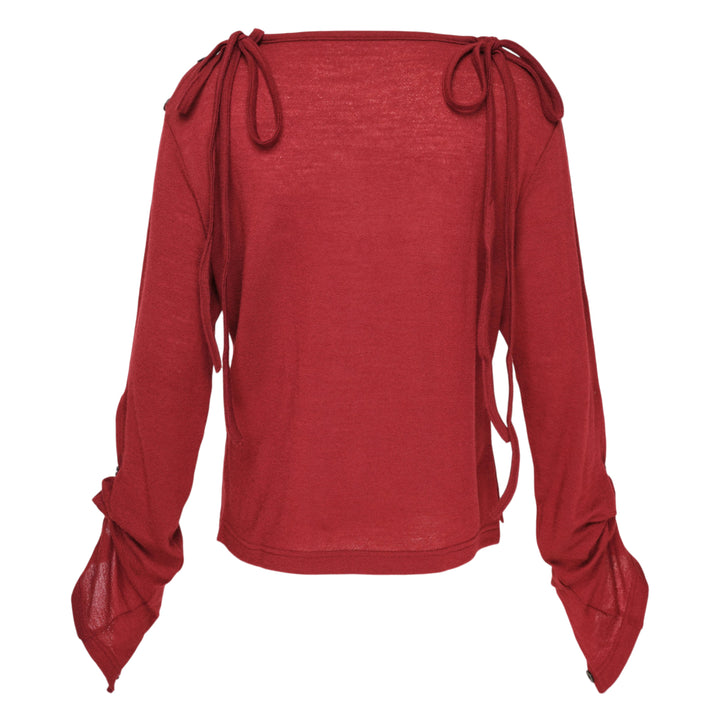 Y's red lightweight knit boat neck top with dark gunmetal buttons running along the full length of both long sleeves, shown flat on a white background - view 2