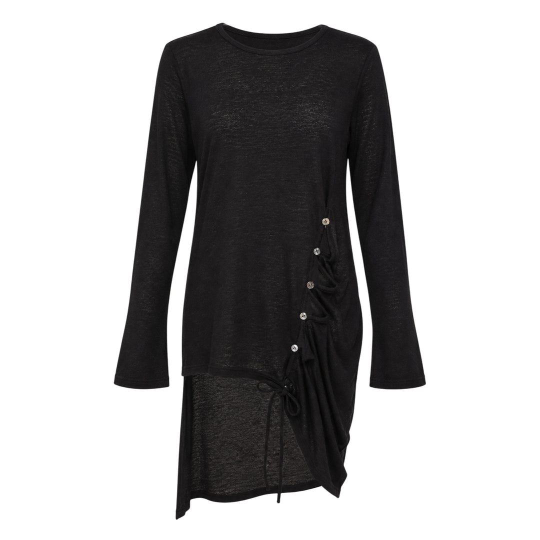 Y's black long-sleeve crew-neck knit top with asymmetric draped panel, vertical shell buttons, and adjustable drawstring tie creating a ruched sculptural effect