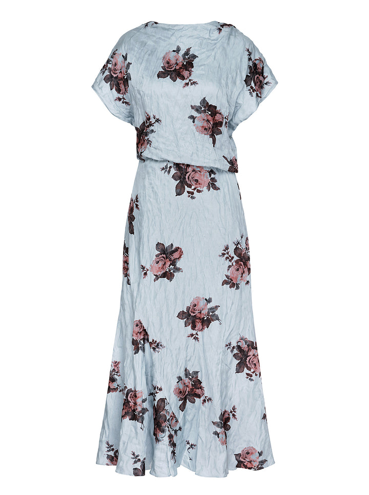 Erdem short sleeve midi dress in pale blue crinkled fabric with a pink and burgundy rose print, blouson bodice and flared hem