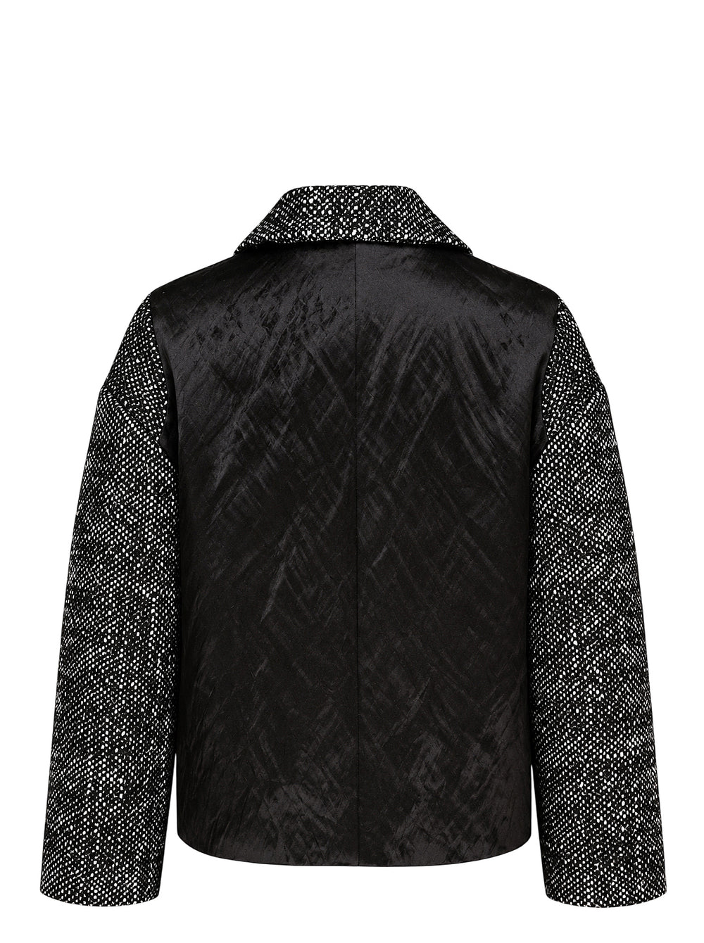 Erdem cropped jacket in salt-and-pepper wool tweed with notched lapels, three black buttons, flap pockets and a black botanical appliqué on the front - view 2
