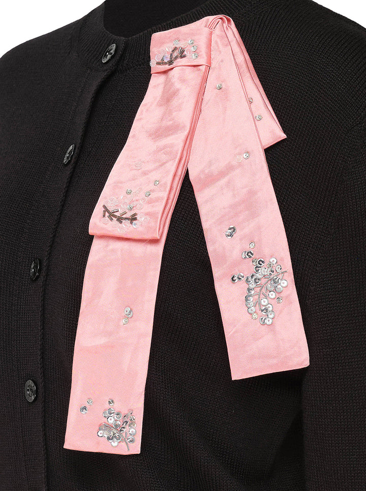 Erdem black merino wool cardigan with button-down front and a pink embellished ribbon bow draped from the neckline - view 4