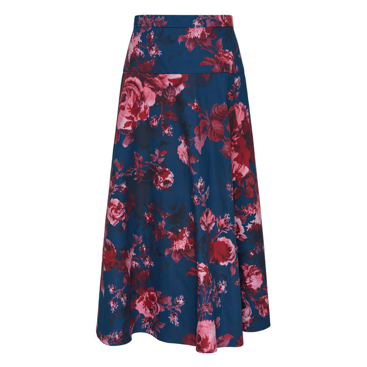 Erdem heavy cotton poplin A-line midi skirt in teal with an allover burgundy and blush rose floral print, featuring a high waistband and sweeping hem