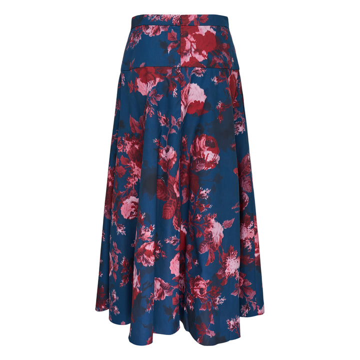 Erdem heavy cotton poplin A-line midi skirt in teal with an allover burgundy and blush rose floral print, featuring a high waistband and sweeping hem