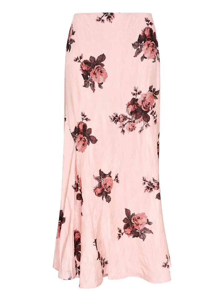 Erdem pink crushed satin midi skirt with all-over burgundy and coral rose print and draped flared hem