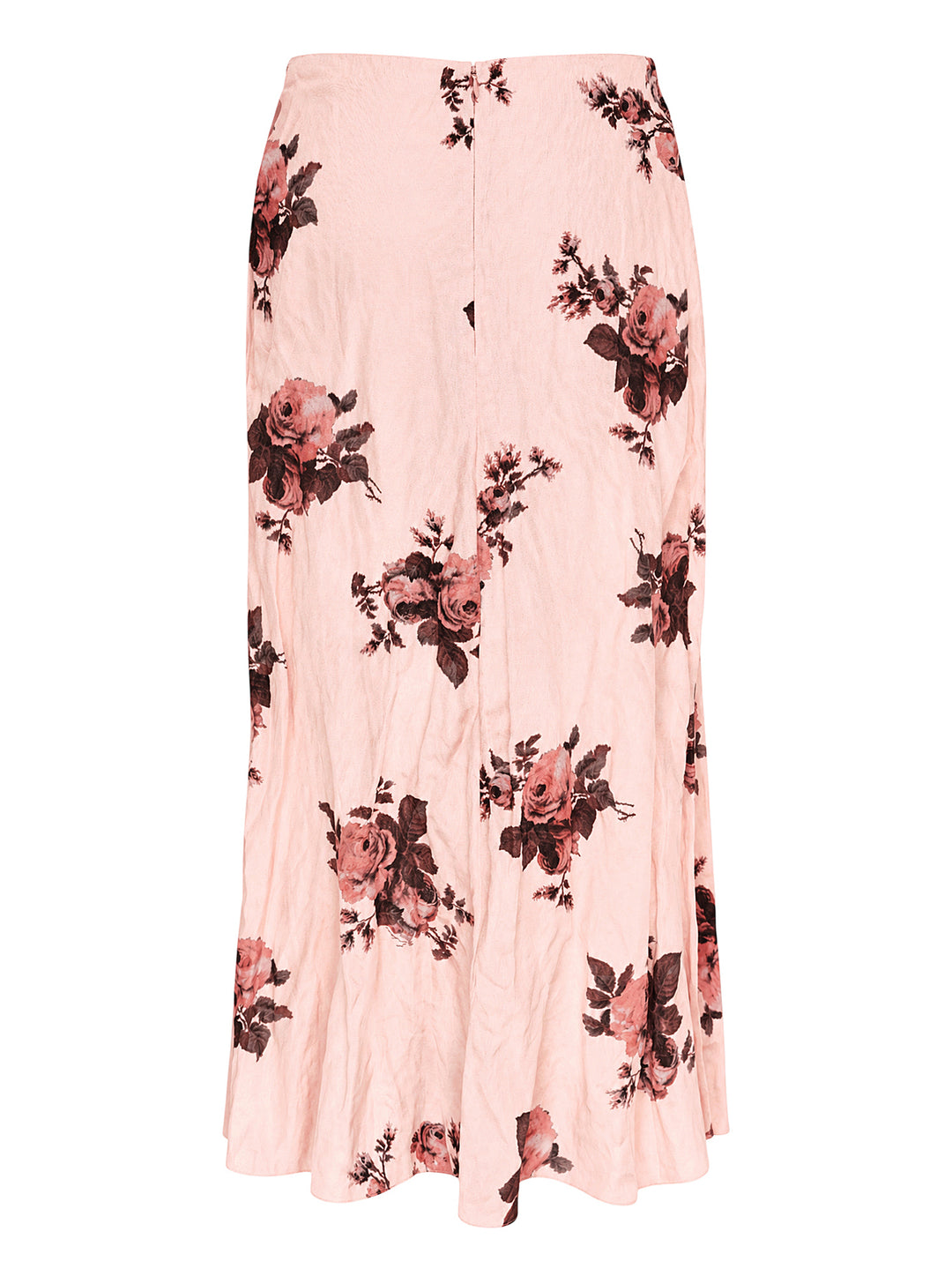 Erdem pink crushed satin midi skirt with all-over burgundy and coral rose print and draped flared hem - view 2