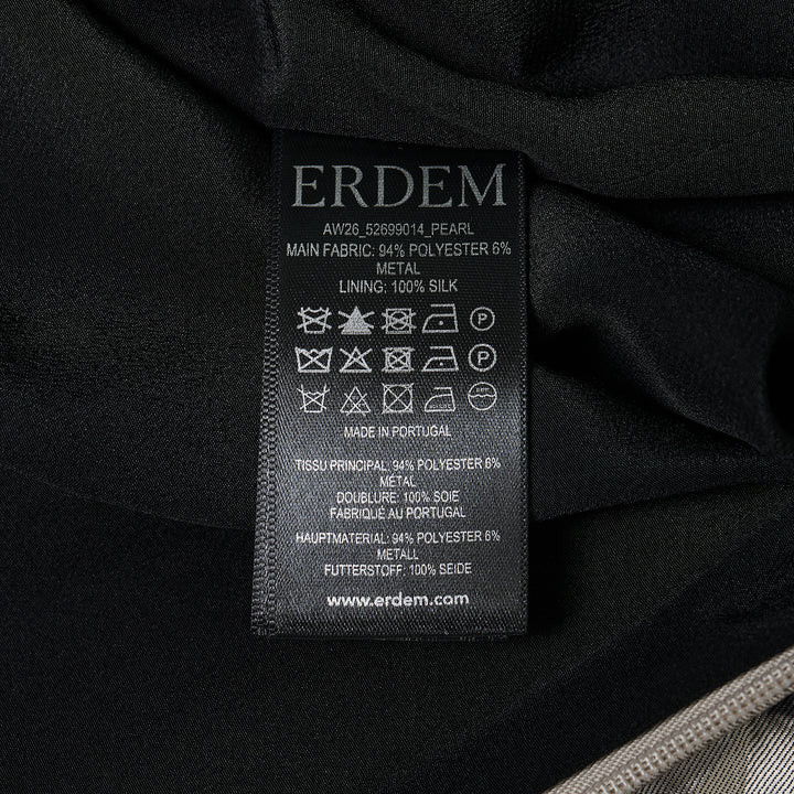 Erdem textured satin pencil midi skirt featuring an allover moody rose floral print in charcoal, dusty mauve, and ivory on a crinkled satin ground, with a high waistband and figure-skimming silhouette