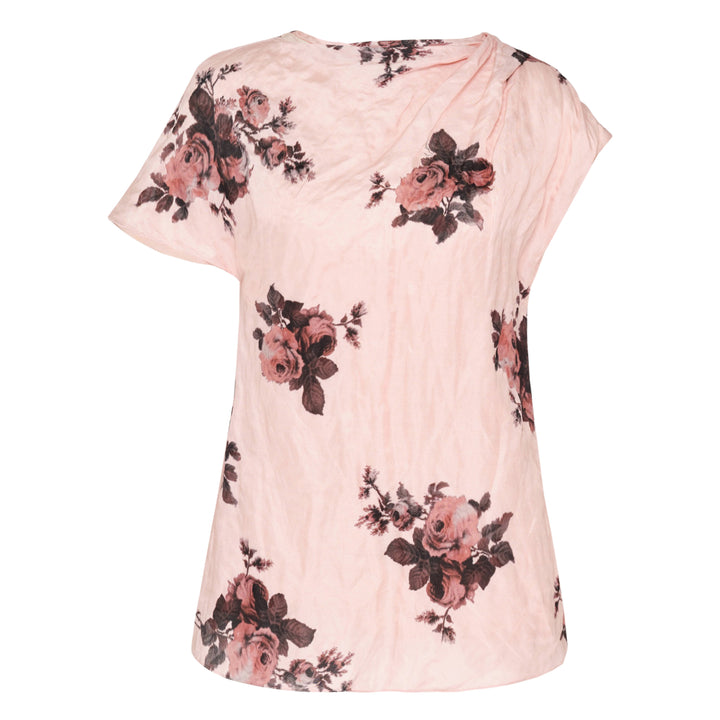 Erdem crushed fluid satin draped top in blush pink with an all-over rose and botanical print, featuring gathered neckline draping and asymmetric short sleeves