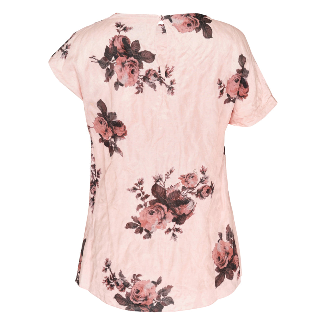 Erdem crushed fluid satin draped top in blush pink with an all-over rose and botanical print, featuring gathered neckline draping and asymmetric short sleeves