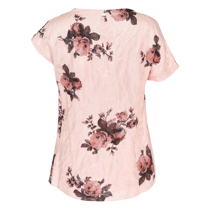 Erdem crushed fluid satin draped top in blush pink with an all-over rose and botanical print, featuring gathered neckline draping and asymmetric short sleeves