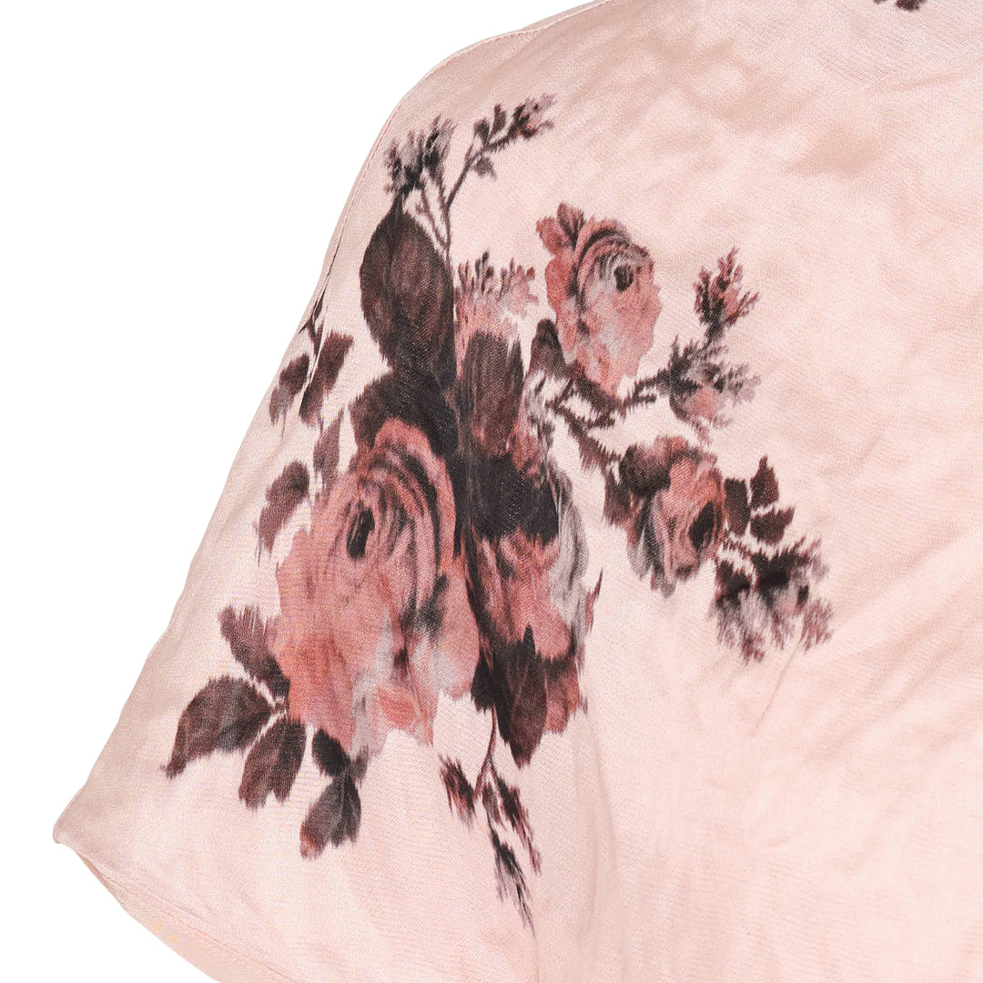 Erdem crushed fluid satin draped top in blush pink with an all-over rose and botanical print, featuring gathered neckline draping and asymmetric short sleeves