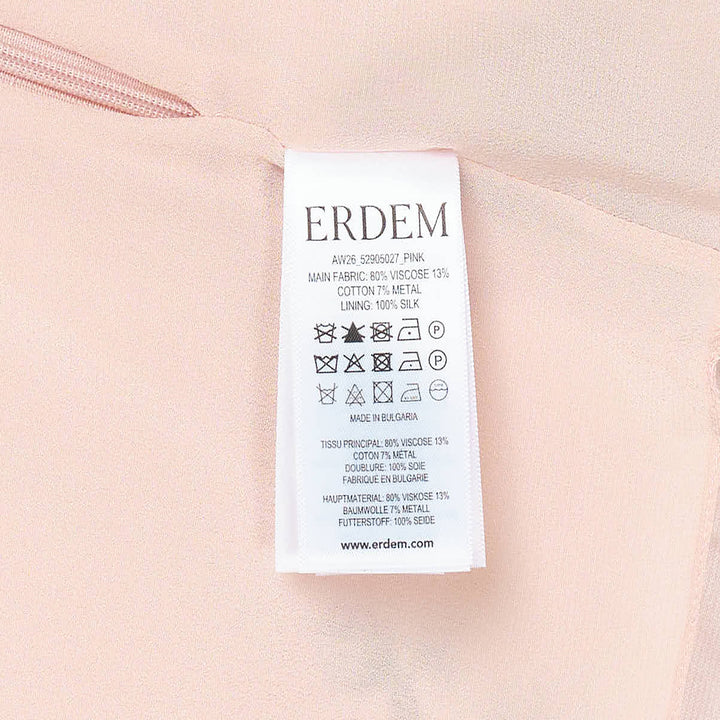 Erdem crushed fluid satin draped top in blush pink with an all-over rose and botanical print, featuring gathered neckline draping and asymmetric short sleeves