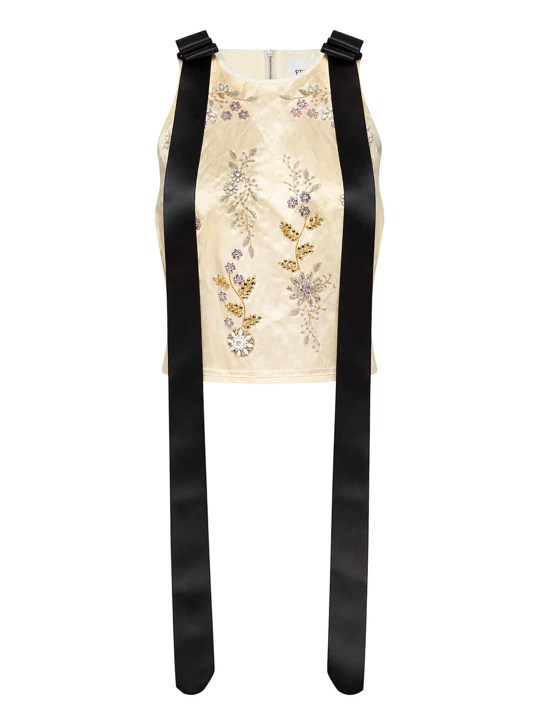 Erdem cream satin sleeveless top with floral crystal embellishment and long black satin ribbon straps at the shoulders