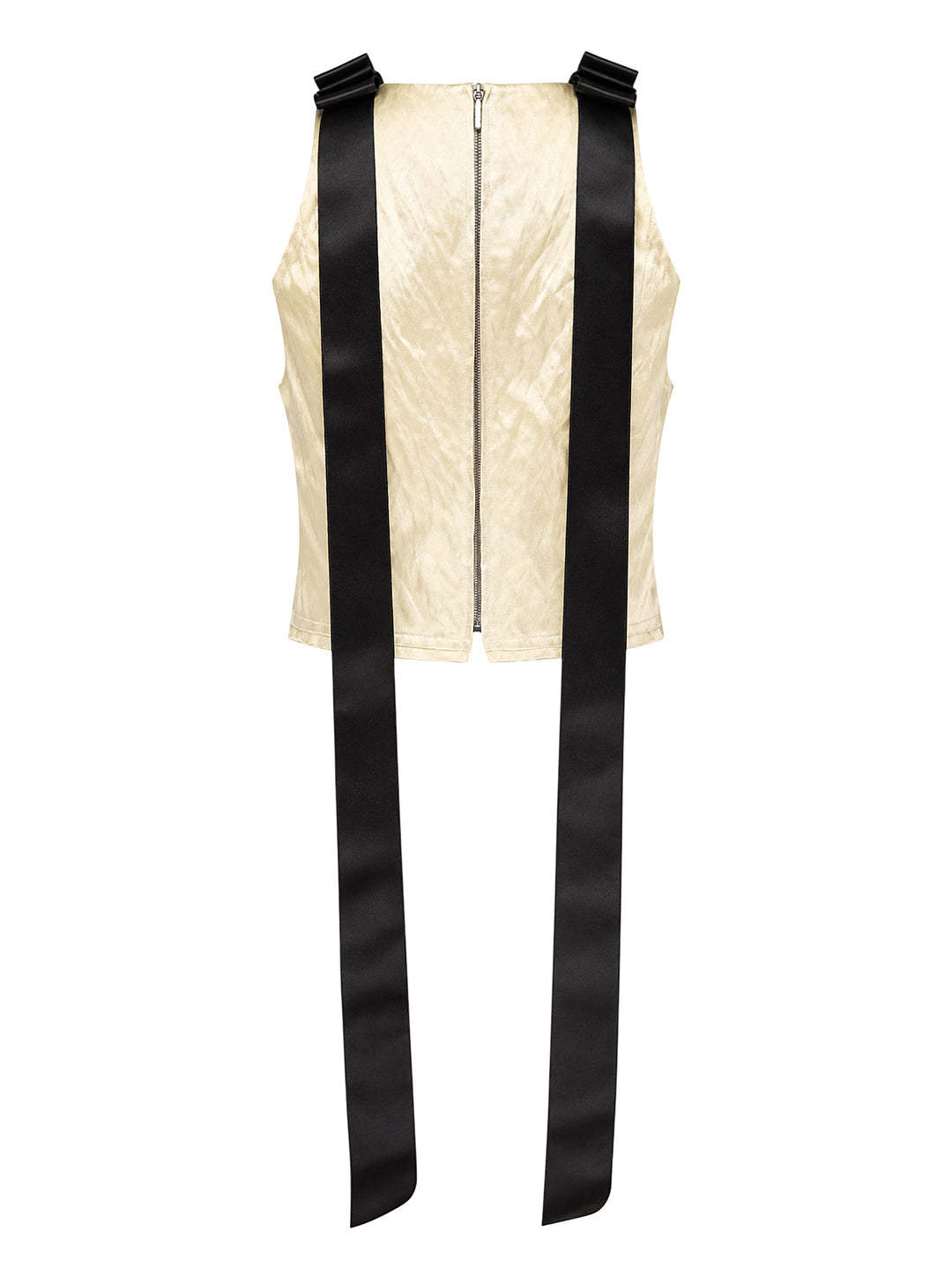Erdem cream satin sleeveless top with floral crystal embellishment and long black satin ribbon straps at the shoulders - view 2