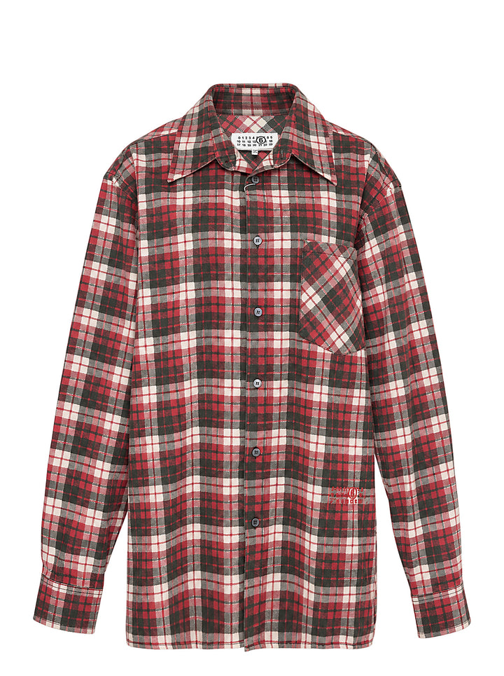 MM6 Maison Margiela oversized long sleeve shirt in red, black and cream check print with chest pocket and button-through front