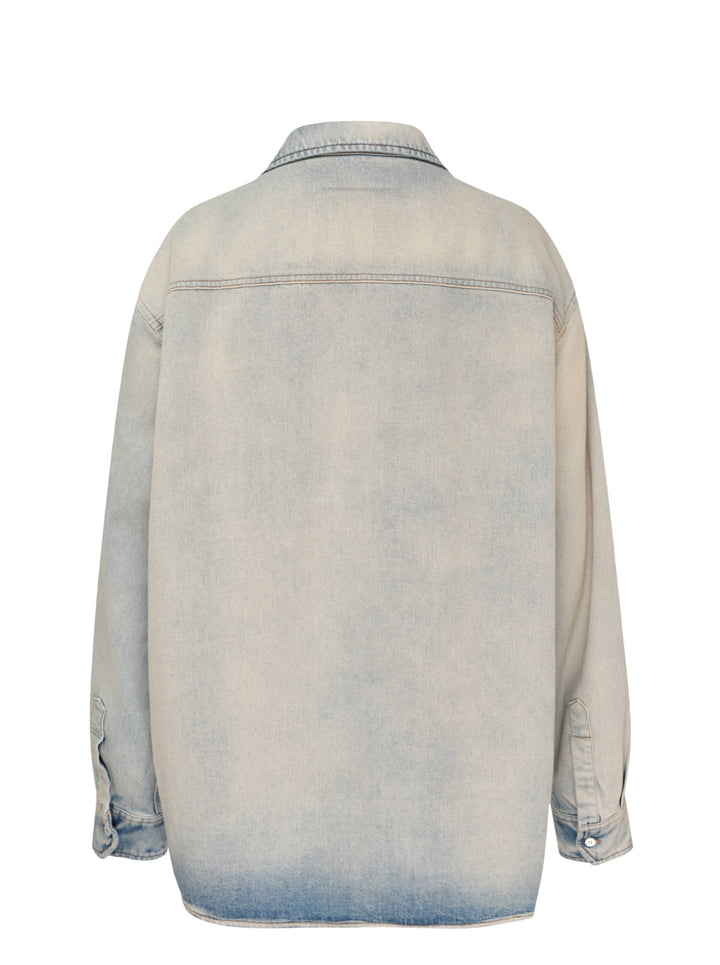 MM6 oversized faded blue denim long sleeve shirt with pointed collar, button placket and folded chest pocket detail - view 2