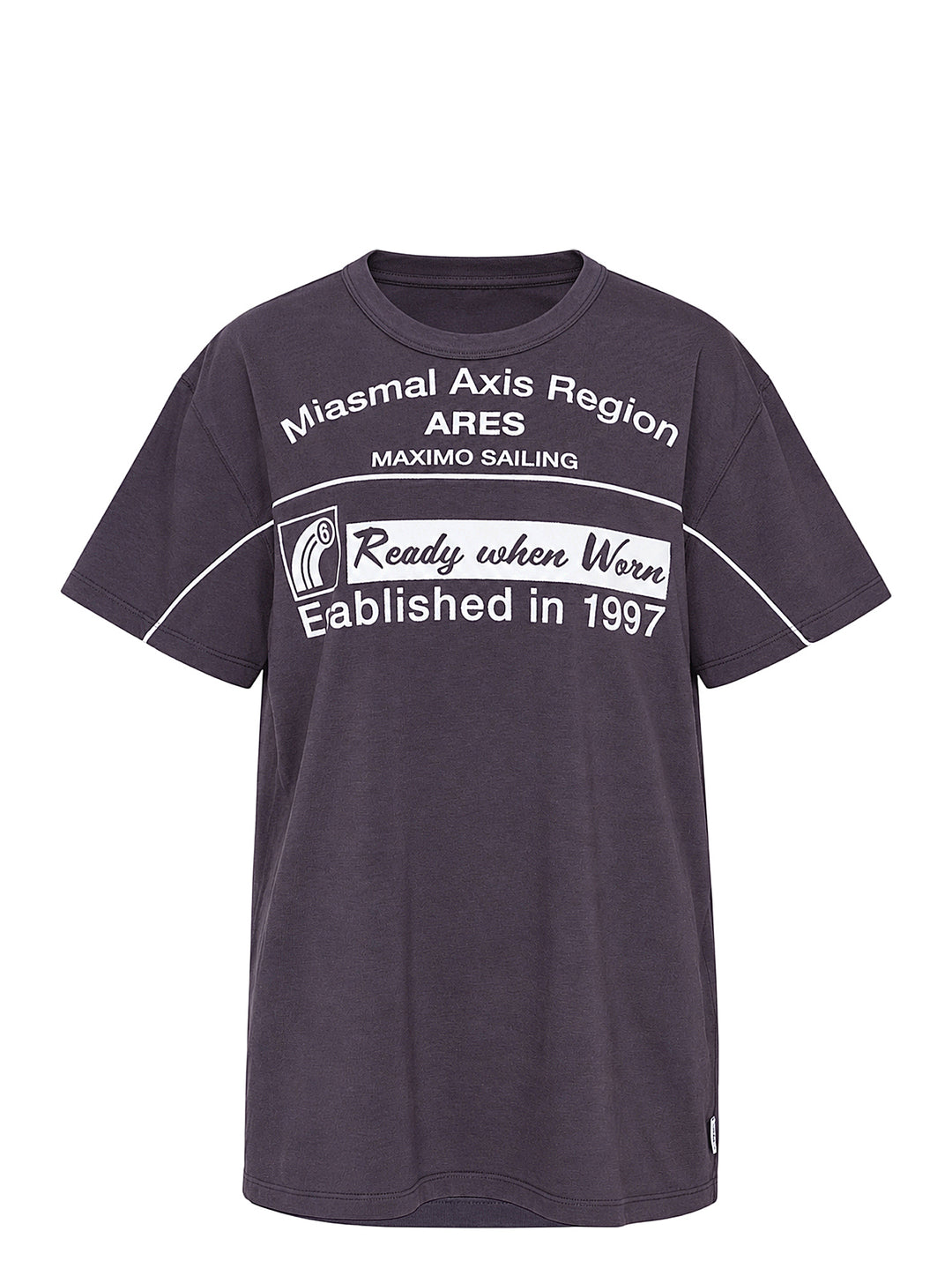 MM6 Maison Margiela washed charcoal cotton jersey T-shirt with white 'Ready when Worn Established in 1997' graphic print and contrast piping