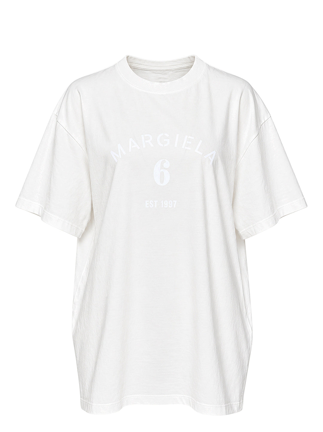 White oversized MM6 Maison Margiela cotton jersey T-shirt with a tonal arched 'Margiela 6 Est 1997' print on the chest