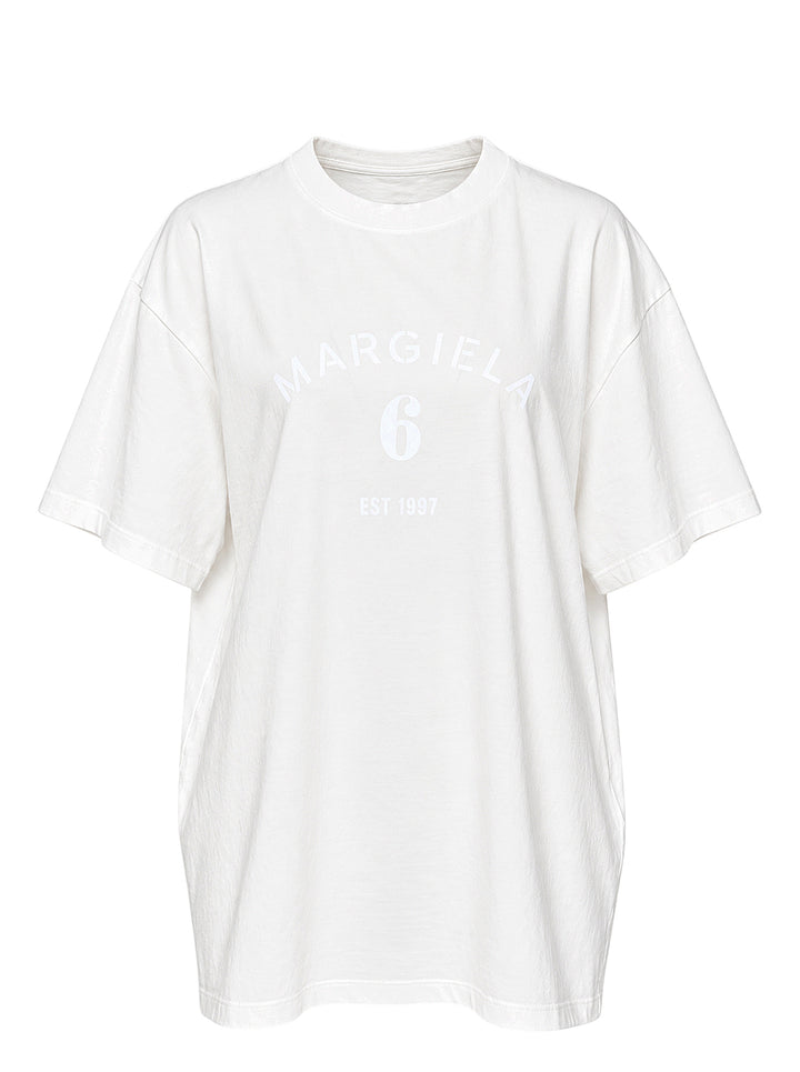 White oversized MM6 Maison Margiela cotton jersey T-shirt with a tonal arched 'Margiela 6 Est 1997' print on the chest