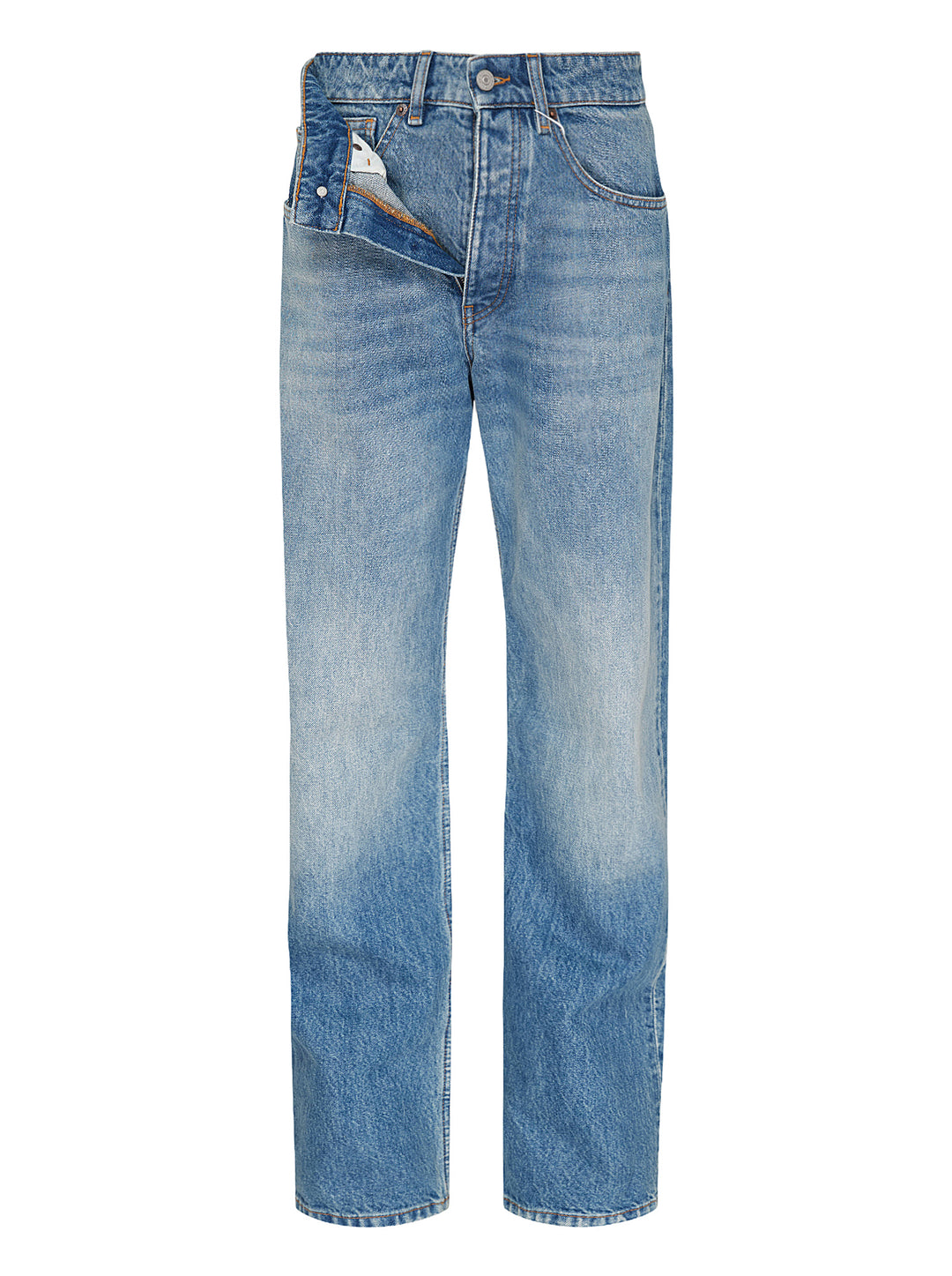 MM6 Maison Margiela light wash blue straight-leg jeans with a deconstructed asymmetric waistband and button fly, shown front view