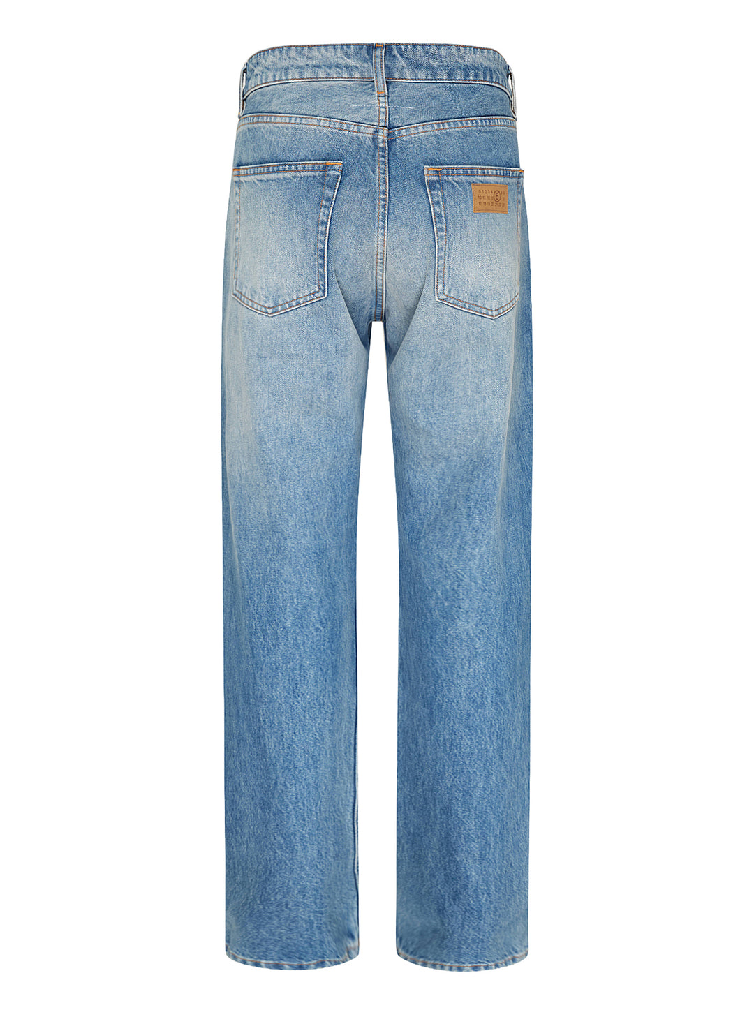 MM6 Maison Margiela light wash blue straight-leg jeans with a deconstructed asymmetric waistband and button fly, shown front view - view 3