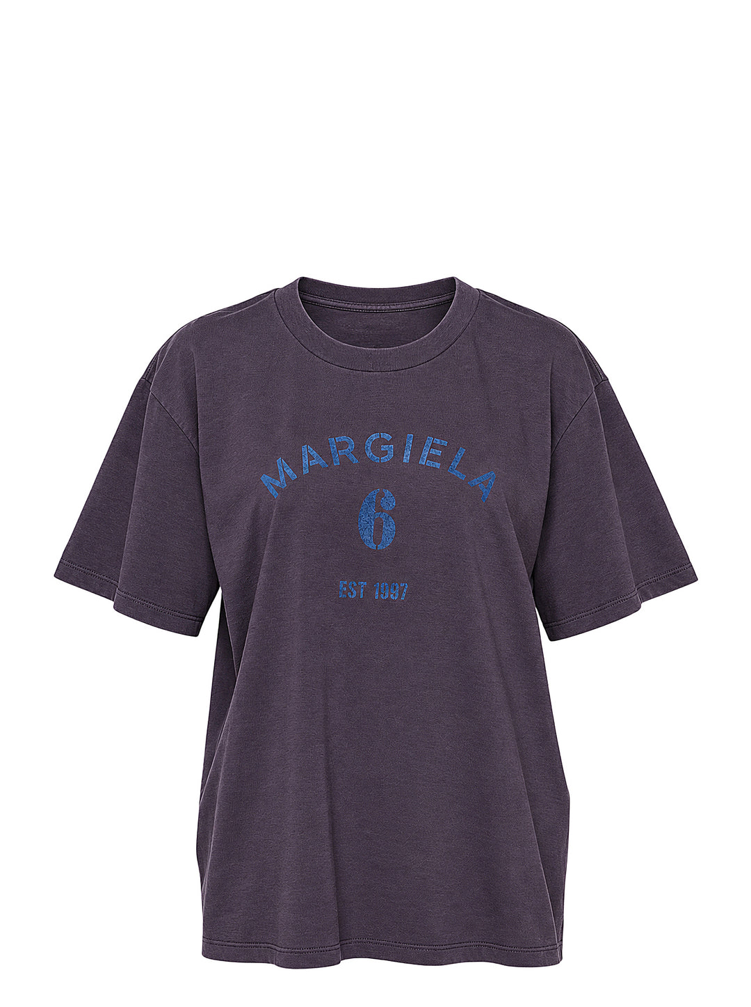 MM6 washed aubergine cotton jersey T-shirt with distressed blue Margiela 6 Est 1997 logo print on the chest