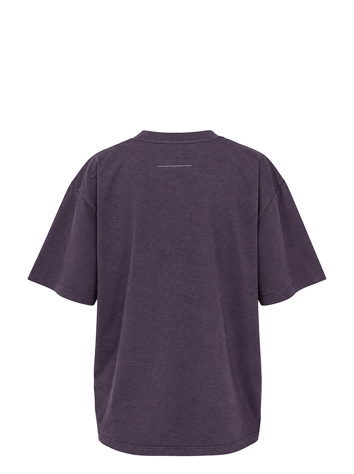 MM6 washed aubergine cotton jersey T-shirt with distressed blue Margiela 6 Est 1997 logo print on the chest - view 2