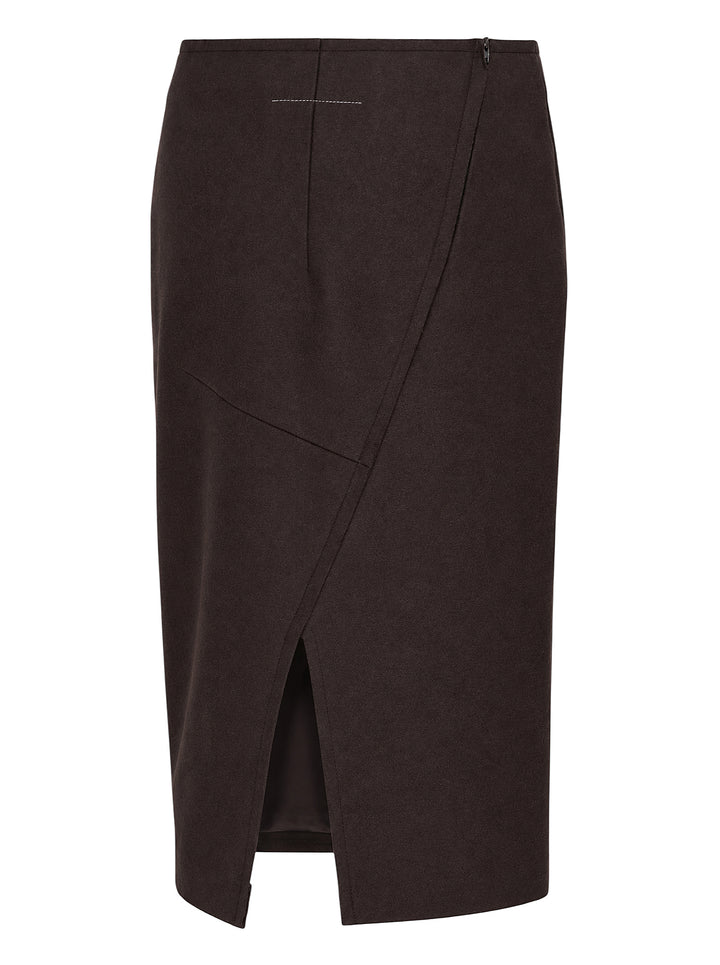MM6 Maison Margiela dark brown wool felt midi skirt with a fitted pencil silhouette, shown from the front - view 2
