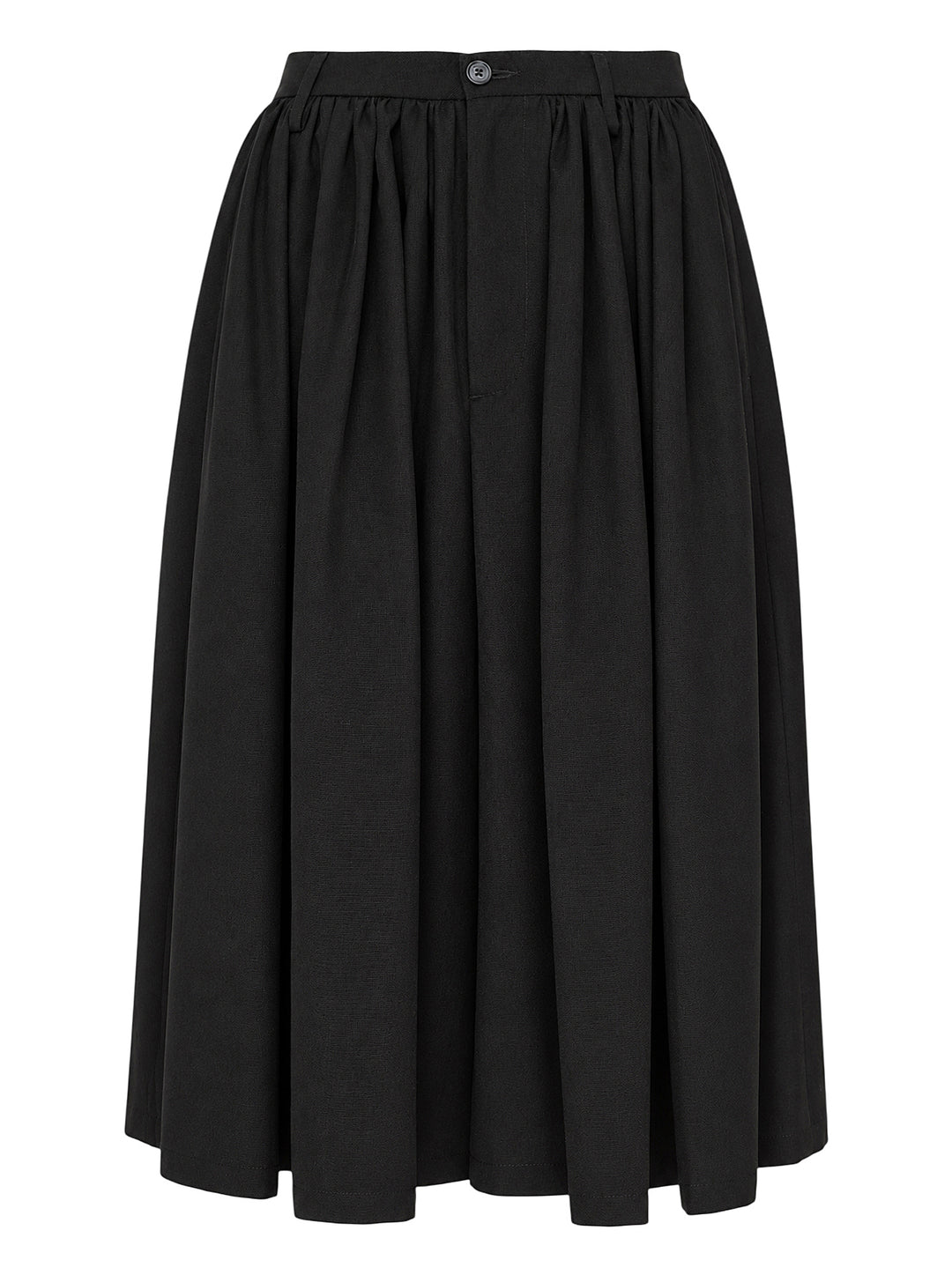 Maison Margiela black gathered midi skirt in light wool blend with button waistband, shown from the front