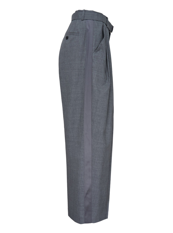 sacai wide-leg belted suiting pants in grey, featuring deep front pleats, integrated belt with metal buckle, and a structured wide-leg silhouette - view 3