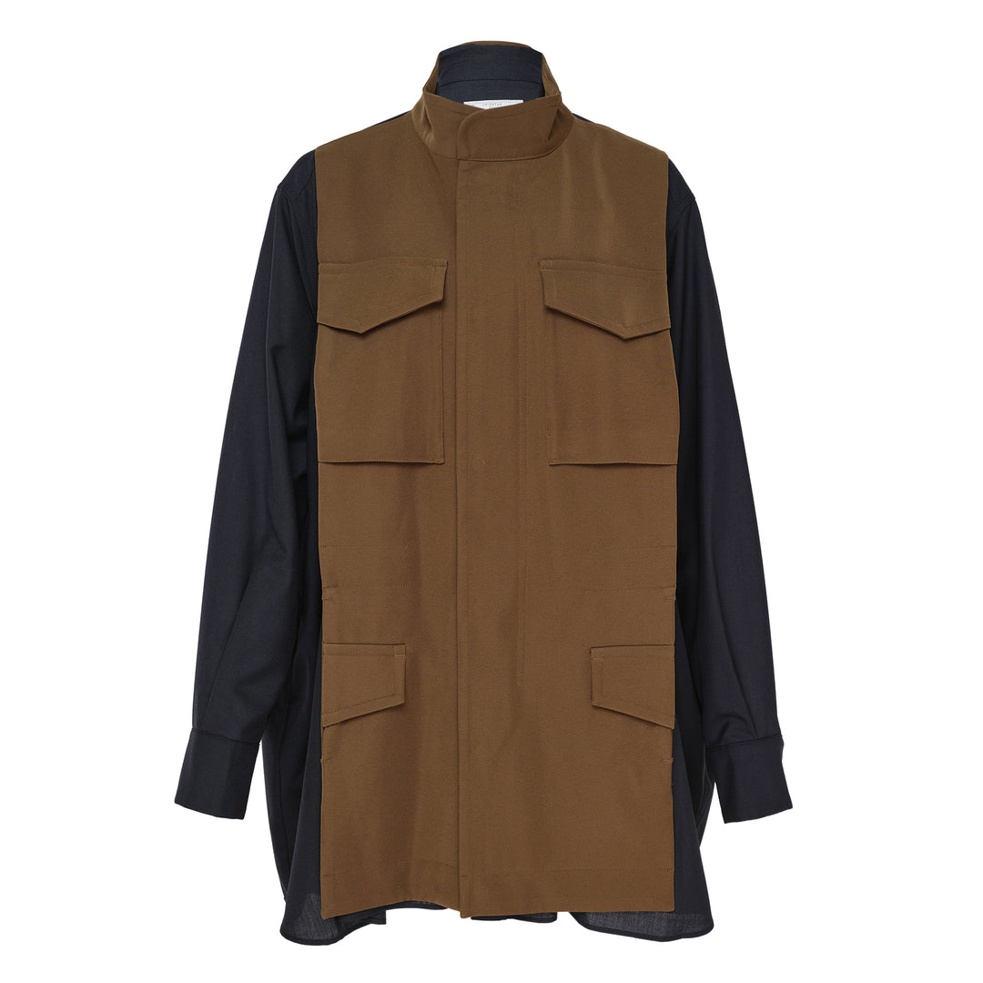 sacai Suiting x Crepe Back Satin Shirt in khaki and navy, featuring four flap cargo pockets, stand collar, and contrast long sleeves in a relaxed oversized silhouette