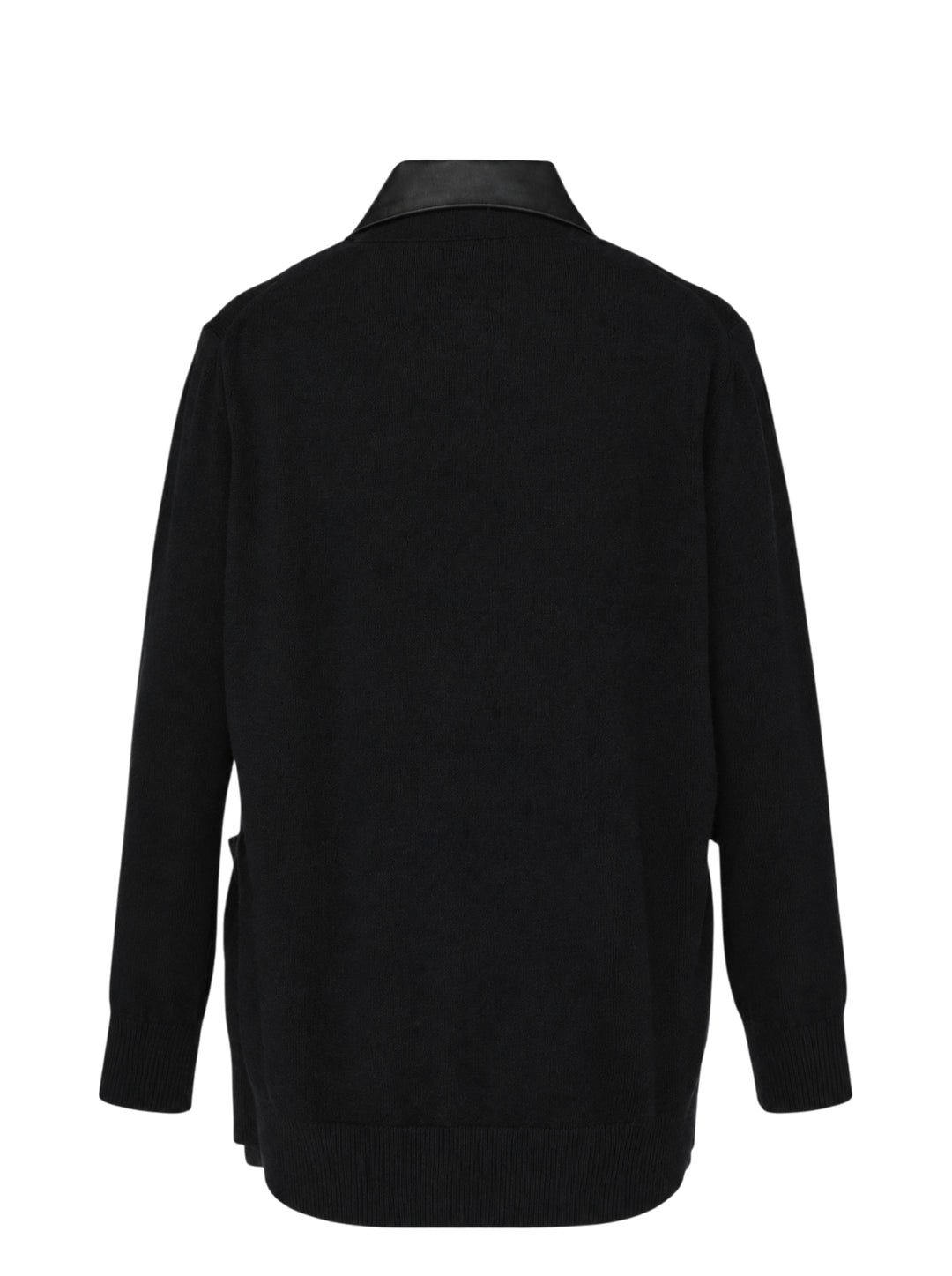 sacai Suiting x Wool Knit Cardigan in black, featuring satin-faced peaked lapels, double-breasted button fastening, and a hybrid suiting and wool knit construction, shown on a flat lay against a white background - view 2