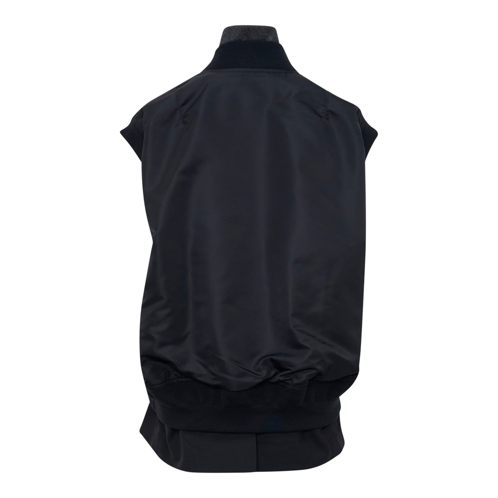 sacai Nylon Twill x Suiting Vest in black, featuring an asymmetric silver zip, double-breasted buttons, high collar, and mixed fabric construction - view 2