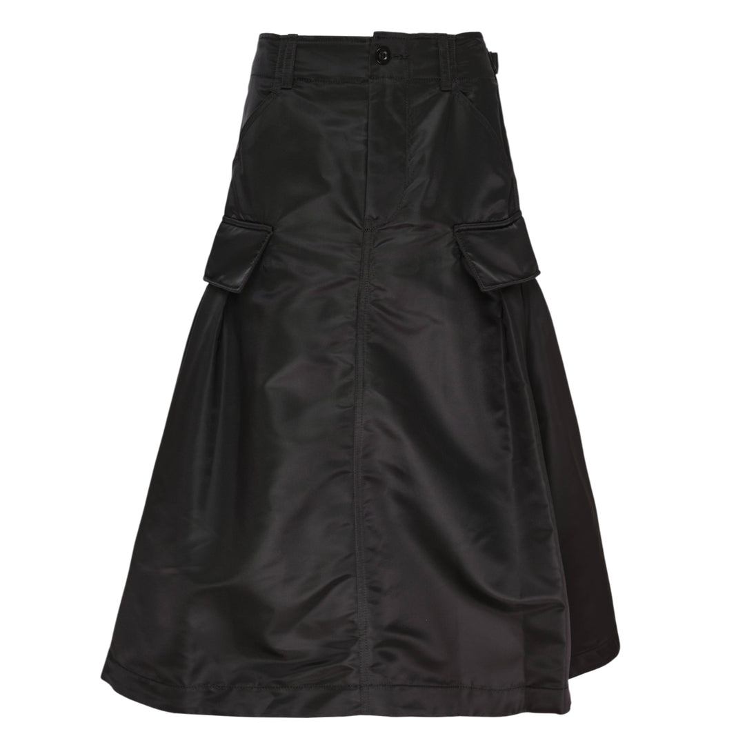 sacai black nylon twill cargo midi skirt with A-line silhouette, oversized hip pockets, structured waistband, and pleated flared hem