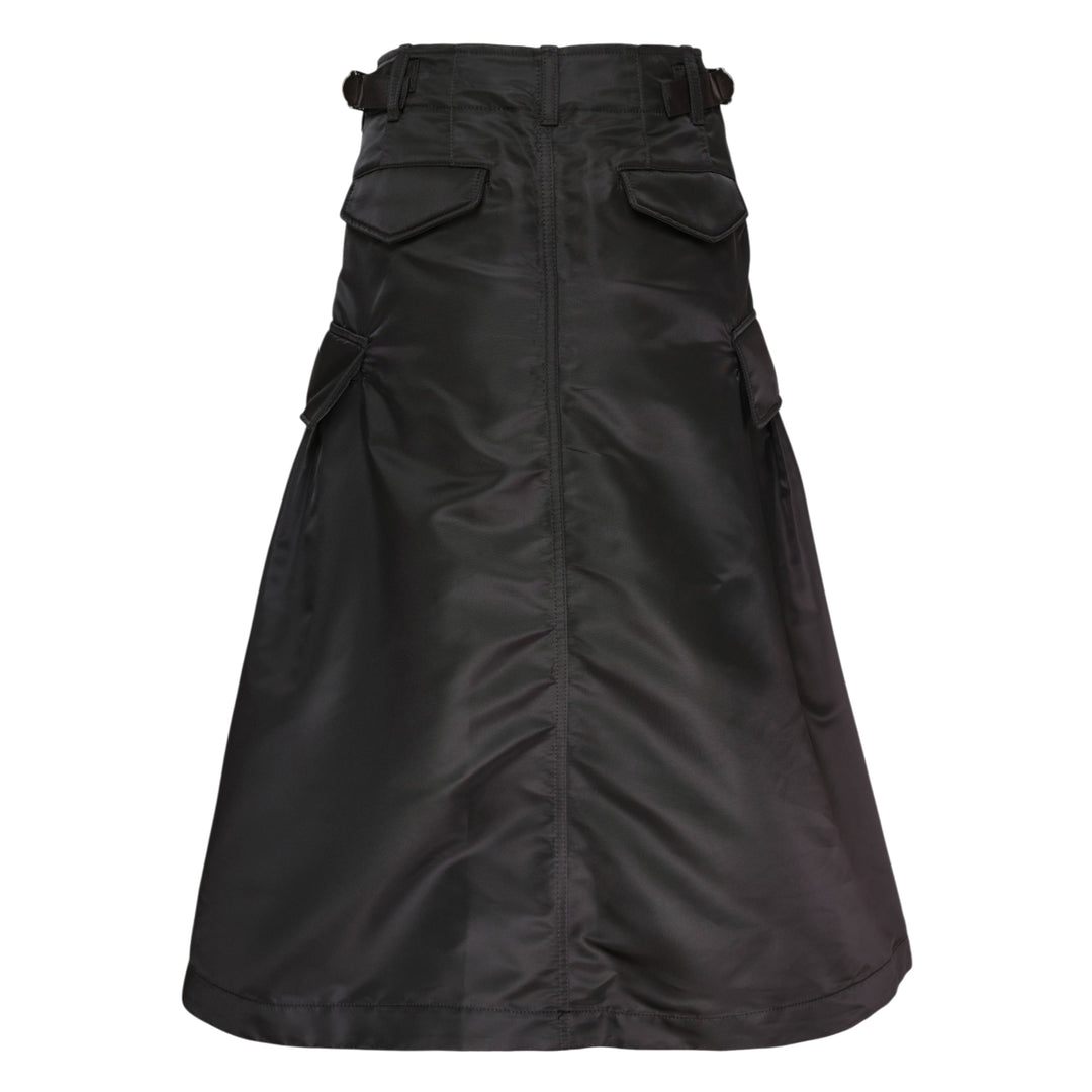 sacai black nylon twill cargo midi skirt with A-line silhouette, oversized hip pockets, structured waistband, and pleated flared hem - view 2