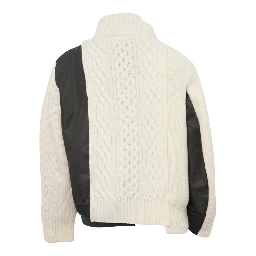 sacai Nylon Twill x Wool Knit Blouson in cream and khaki, featuring an integrated Aran cable-knit front panel with draped scarf detail and contrast nylon bomber shell - view 2