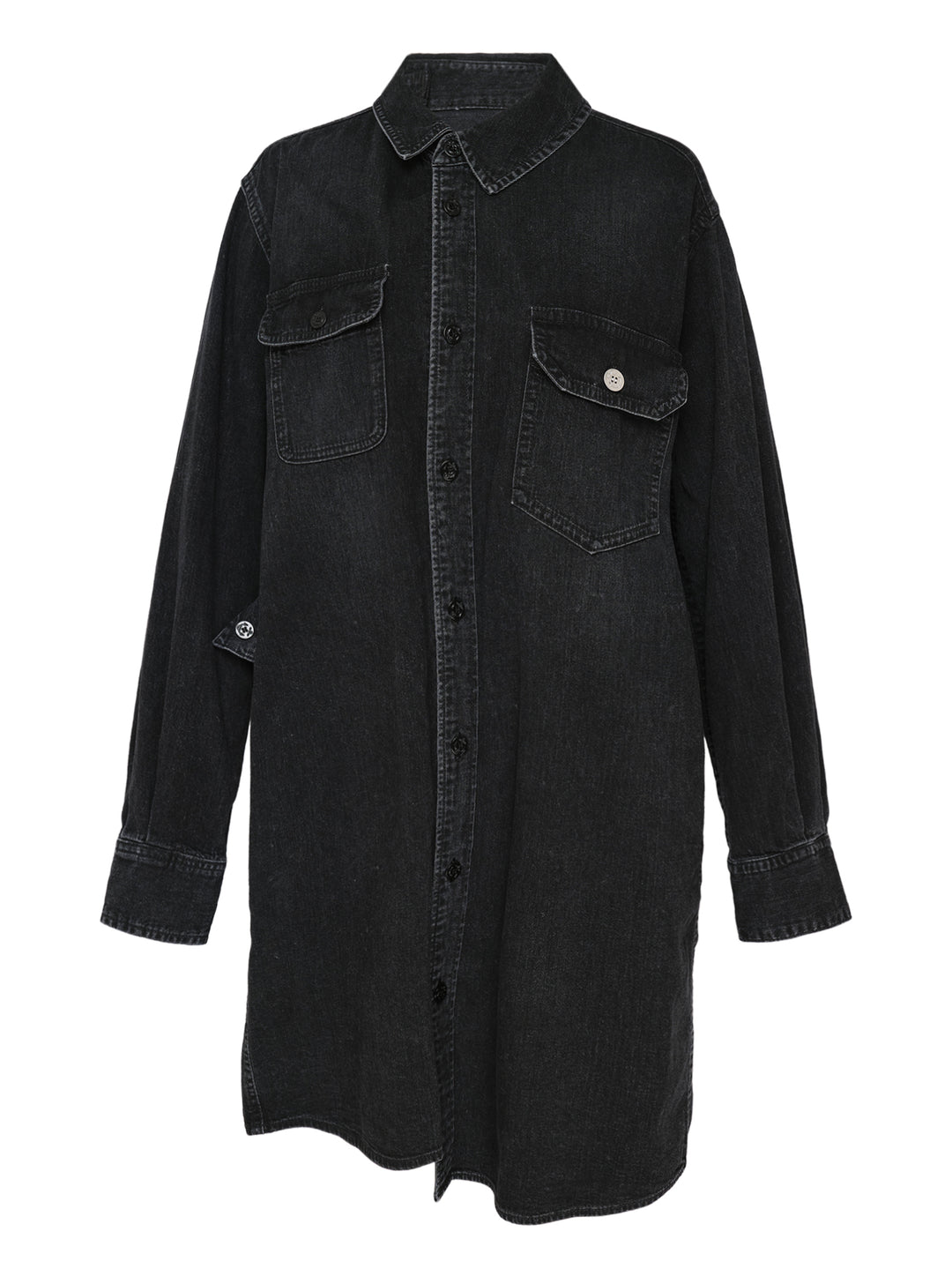 sacai oversized black washed denim shirt dress with dual chest patch pockets, mixed button hardware, full-length button front, and longline curved hem — flat lay on white background