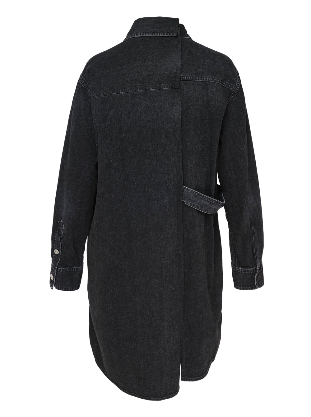 sacai oversized black washed denim shirt dress with dual chest patch pockets, mixed button hardware, full-length button front, and longline curved hem — flat lay on white background - view 2