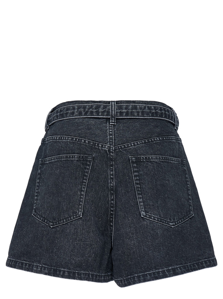 sacai belted wide-leg denim shorts in washed black with front pleats, contrast stitching, and an integrated metal-buckle belt - view 2