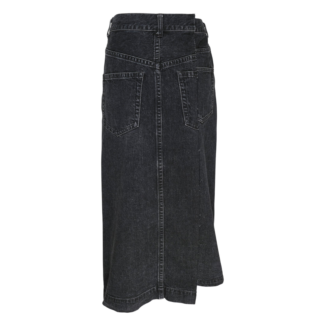 sacai washed black midi denim skirt with high waist, vertical front seam, five-pocket construction, copper rivets, and asymmetric hem slit - view 2